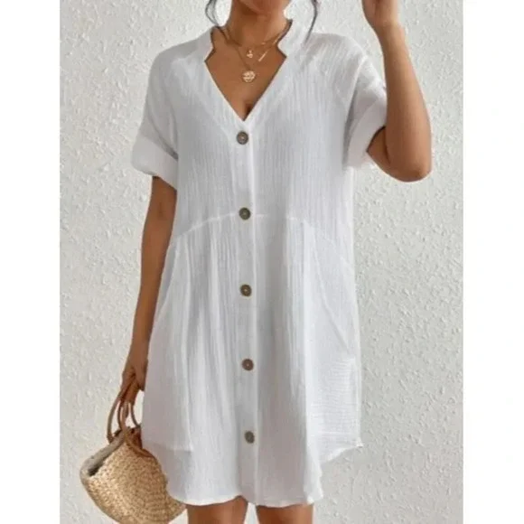 Women Button Down Tunic Dress V  Neck Swimsuit bikini Coverups - Picture 4 of 6